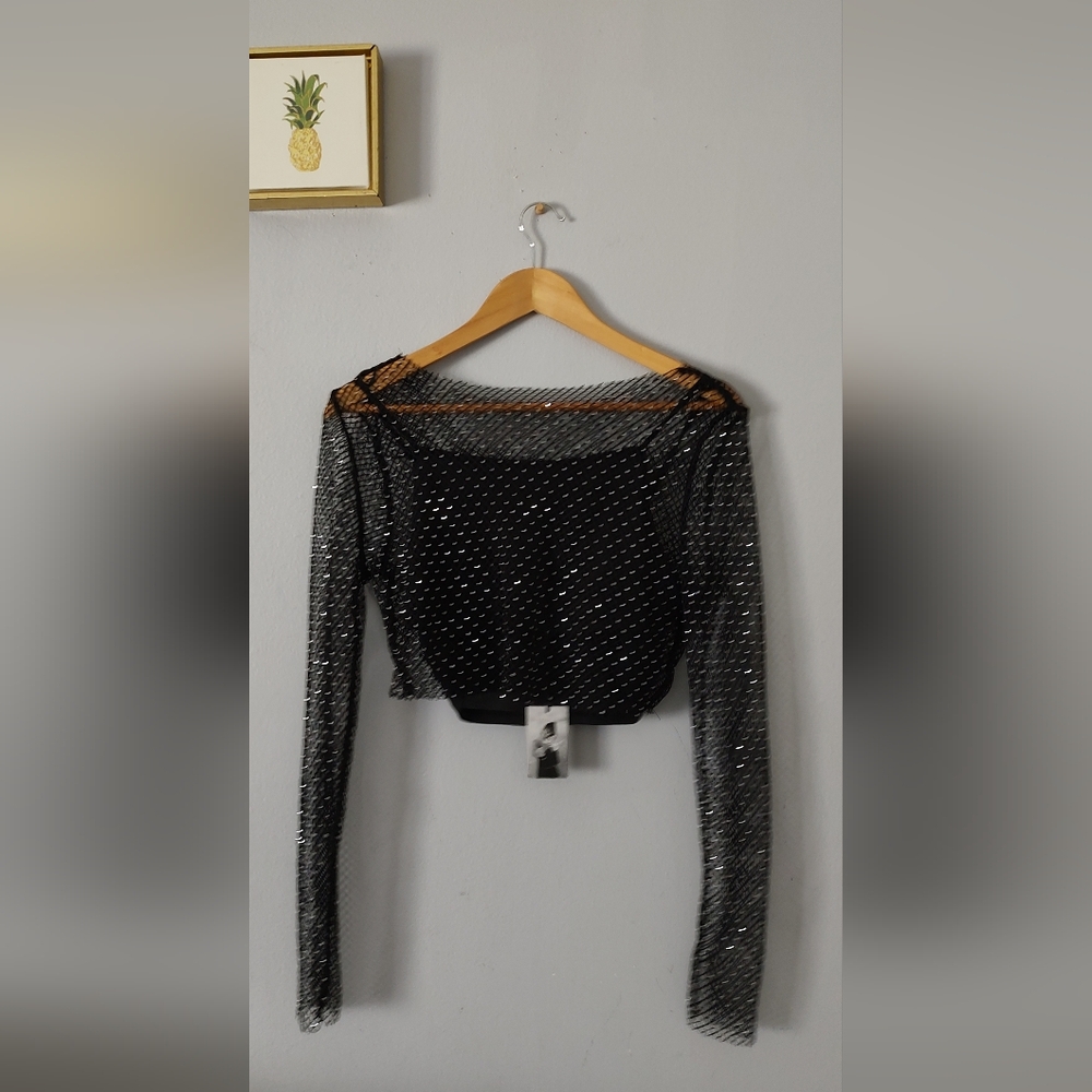 Sincerely Jules Crop top Mesh  Black Shiny Style Sexy  2 Piece New    Medium - Picture 9 of 10